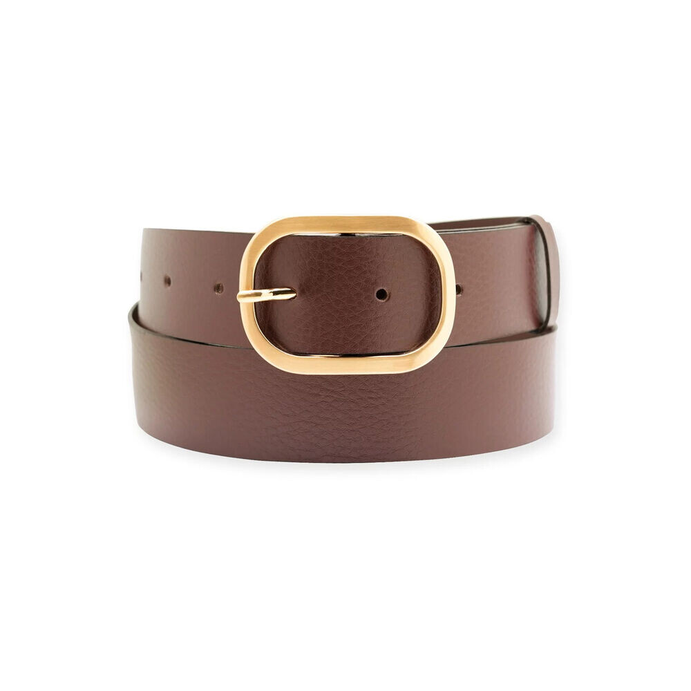 Dámsky hnedý kožený opasok s oválnou zlatou prackou 19475