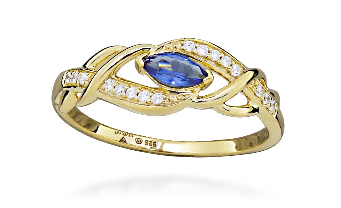 Silver Cat Pozlátený prsteň so zirkónmi a syntetickým zafírom SC573 60 mm