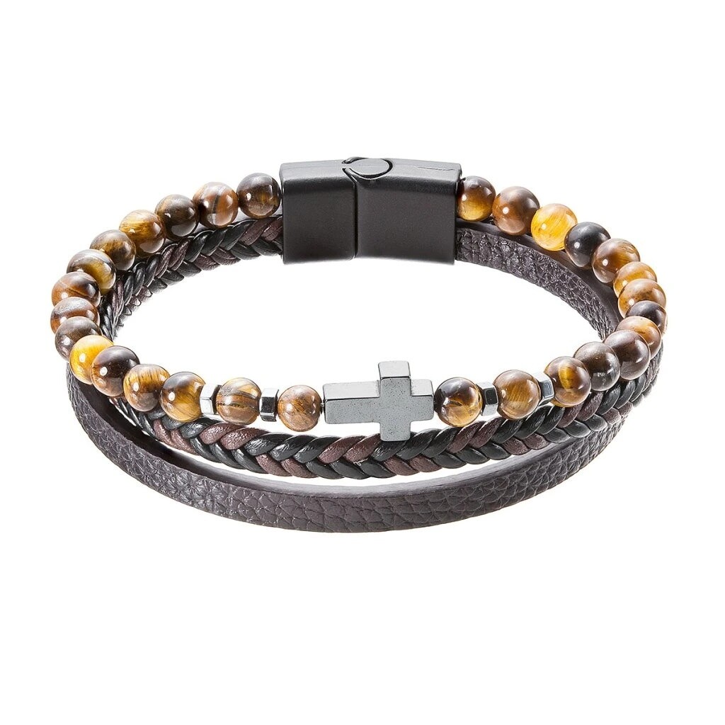 Evolution Group Koženkový náramok s korálkami z tigrieho oka 43044.3 hnedý 23 cm
