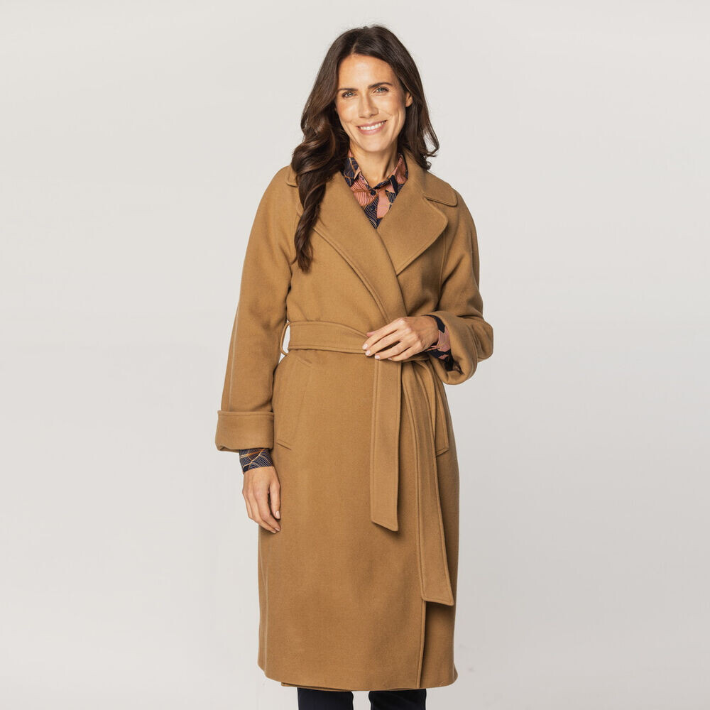 Dámsky vlnený kabát hnedej farby s opaskom 15732