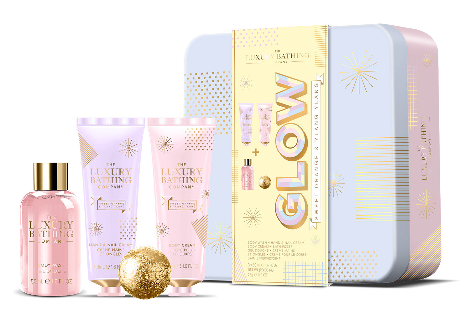 The Luxury Bathing Company Darčeková sada starostlivosti o telo v plechovej dóze Pomaranč & Ylang Ylang 4 ks