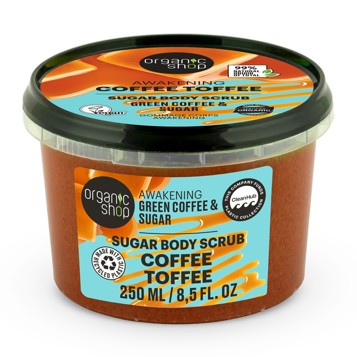 Organic Shop Povzbudzujúci telový peeling Zelená káva a cukor (Body Scrub) 250 ml