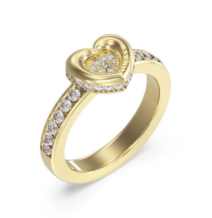 Guess Pôvabný pozlátený prsteň Srdce s kryštálmi LOVE JUBR05464JWYG 52 mm