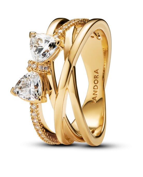 Pandora Pozlátený prekrížený prsteň Trblietavá mašlička Shine Timeless 163511C01 50 mm