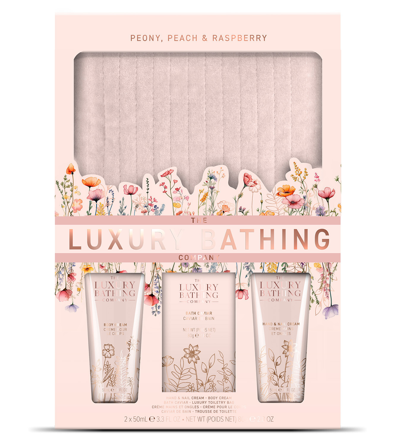 The Luxury Bathing Company Darčeková sada starostlivosti o telo s kozmetickou taškou Pivonka, Broskyňa & Malina 4 ks