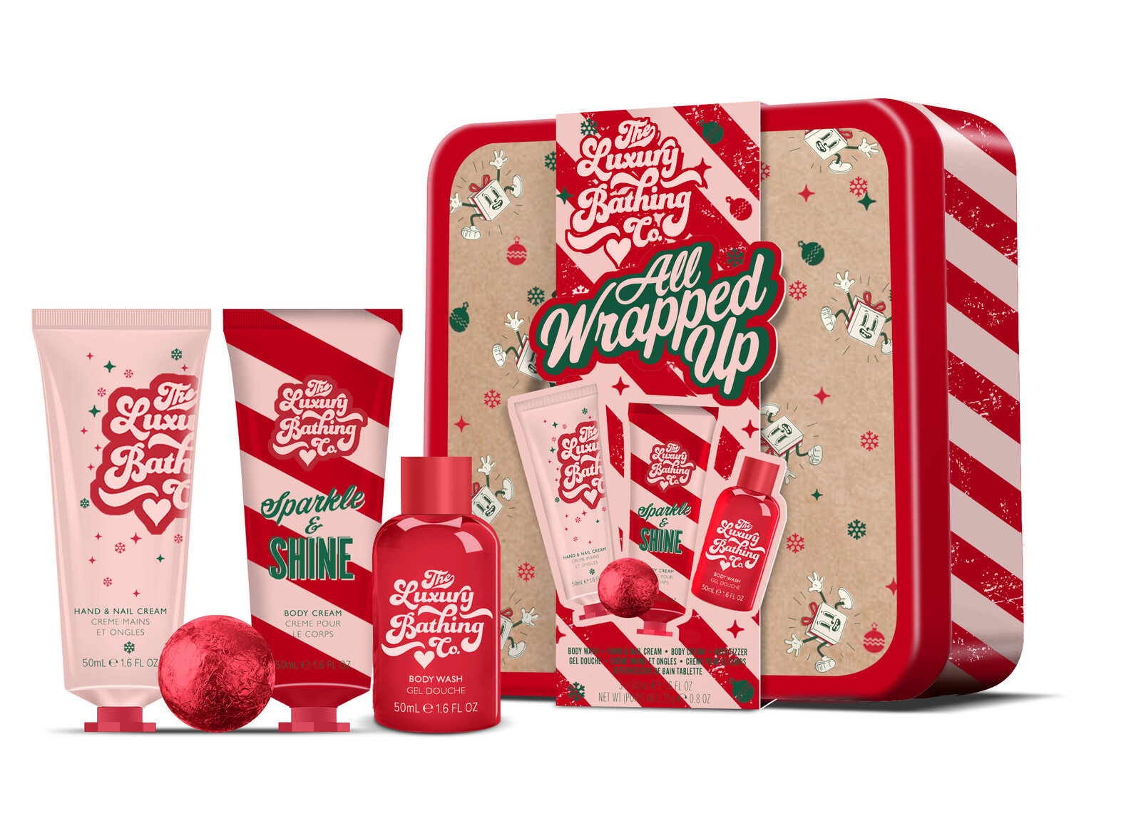 The Luxury Bathing Company Darčeková mini sada starostlivosti o telo v plechovej dóze Vianočné cukrovinky, Kakao & Vanilka 4 ks