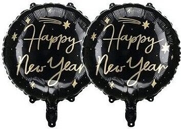PARTYDECO Balón fóliový – happy new year/silvester, čierny, 45 cm, 2 ks