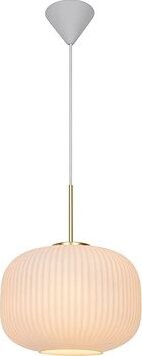Nordlux Milford dizajnový luster, 300 × 380 mm, 40 W, opálovo biely s mosadzou