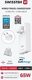 Swissten cestovný adaptér GaN USB-C + USB-A 65 W výmenné vidlice (US, EU, UK) biely