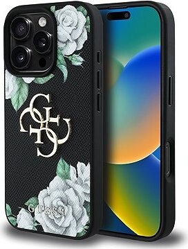 Guess PU Grained Roses 4G Metal Logo Zadný Kryt na iPhone 16 Pro Black
