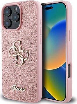 Guess PU Fixed Glitter 4G Metal Logo Zadný Kryt pre iPhone 16 Pro Pink