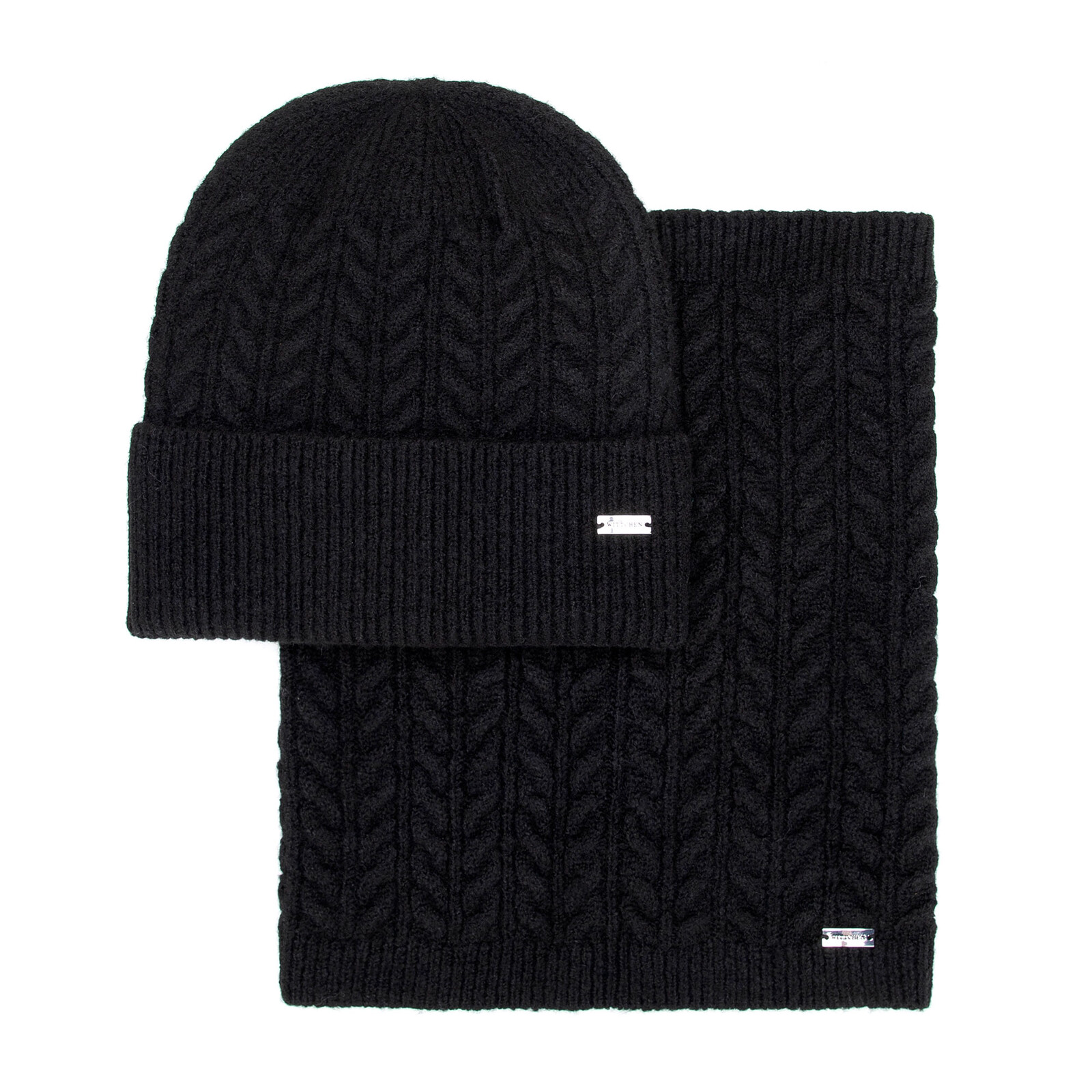 Dámsky čierny zimný set – čiapka a nákrčník s vrkočovým vzorom 101-SF-209-1