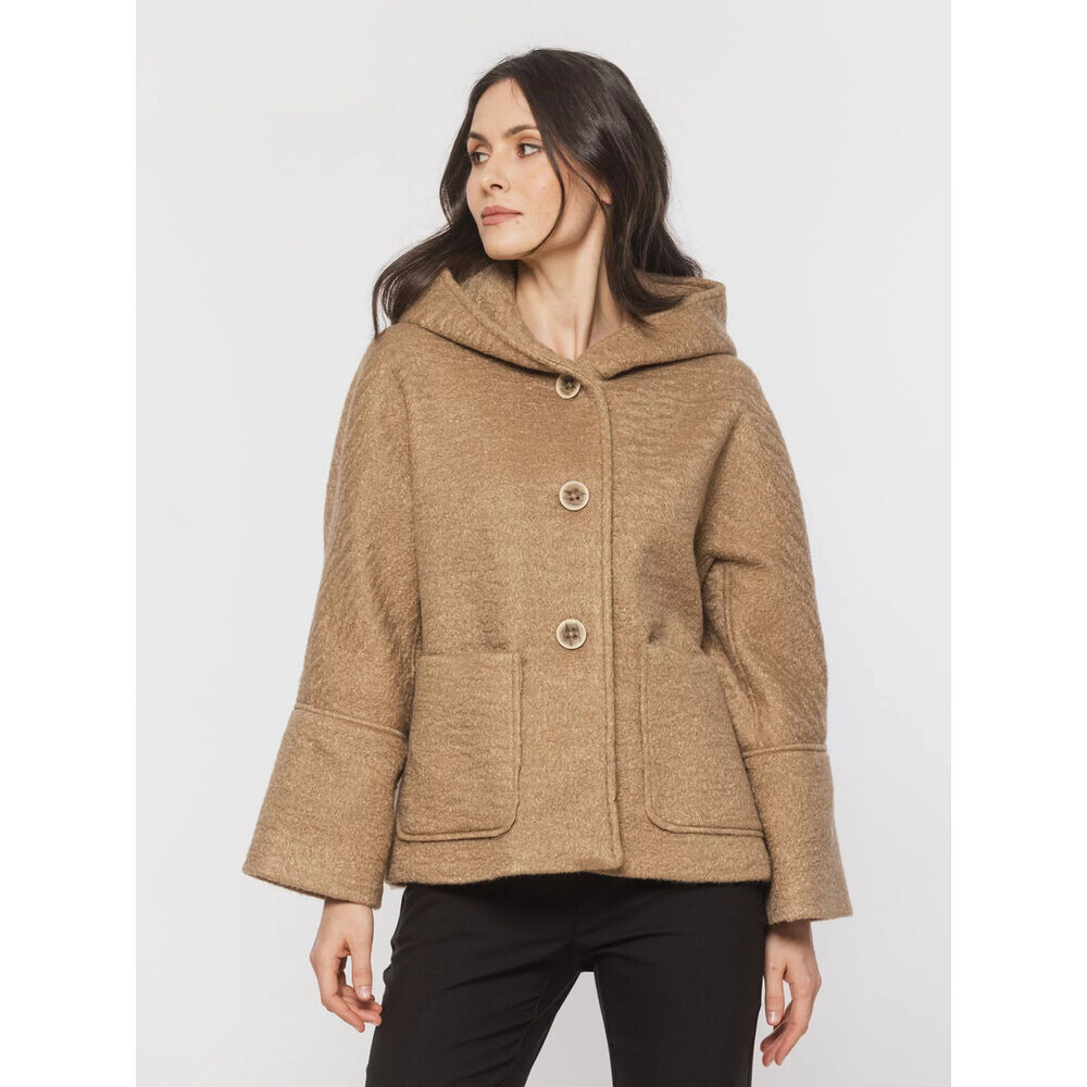 Dámsky krátky kabát svetlohnedý s veľkou kapucňou 19377