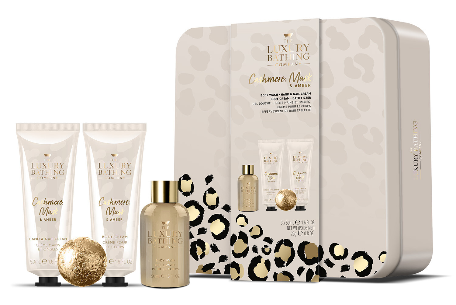 The Luxury Bathing Company Sada starostlivosti o telo v plechovej dóze Kašmír, Mošus & Ambra 4 ks