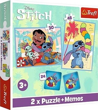 TREFL súprava 3 v 1 Lilo & Stitch: Šťastný deň (2× puzzle + pexeso)