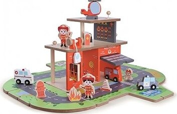 Derrson Dřevěný set hasičská stanice a hasičské auto 2v1