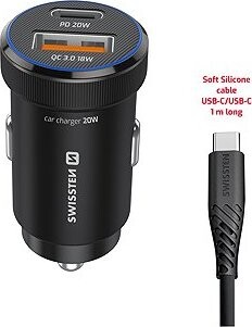 Swissten CL Adaptér USB-C PD + USB-A 20 W čierny + kábel USB-C/USB-C 1 m