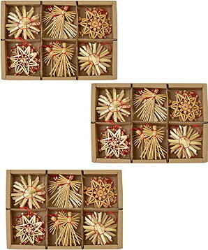 DOMMIO Slaměné ozdoby s červeným prošíváním, 18 ozdob, set 3 ks