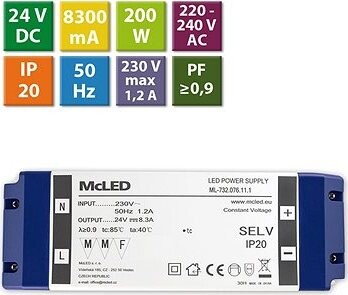 McLED Napájací zdroj 200 W, DC 24 V/8,3 A, IP20, plastové vyhotovenie so svorkovnicou