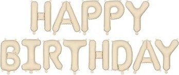 PARTYDECO Balón fóliový – narodeniny, happy birthday, krémový, 340 × 35 cm