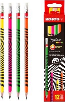 KORES Grafitos Neon, trojhranná HB, s bielou gumou – balenie 12 ks