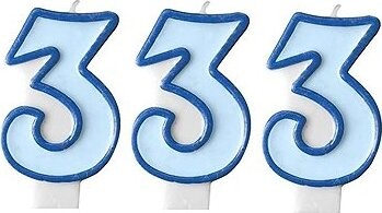 PARTYDECO Narodeninová sviečka 3, modrá, 7 cm, 3 ks