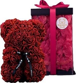 Medvídárek Romantic 25 cm darčekovo balený – červený zasypaný tmavo červenými lístkami