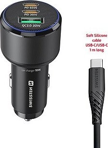 Swissten CL Adaptér 2× USB-C PD + USB-A 95 W čierny + kábel USB-C/USB-C 1 m