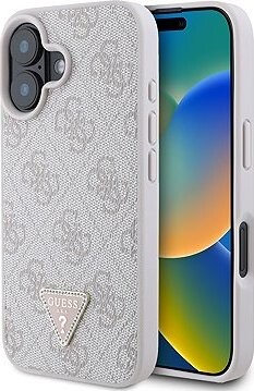 Guess PU 4G Strass Triangle Metal Logo Zadný Kryt na iPhone 16e Pink