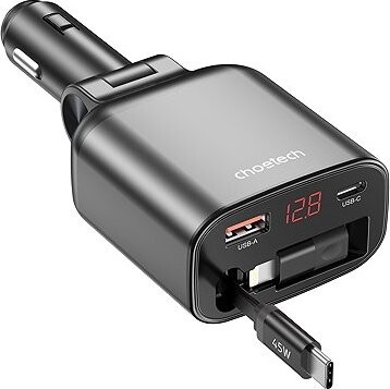 ChoeTech 105 W USB-C+USB-A Digital Fast car charger with Stretchable Type-C cable