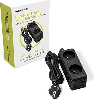 Mobile Origin GaN 65W Socket MultiHub Charger PW19 s 3× USB-C + 2× USB-A