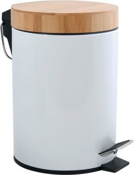MSV pedálový odpadkový kôš Aza, biela oceľ, bambusové veko, 3 l