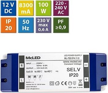 McLED Napájací zdroj 100 W, DC 12 V/8,3 A, IP20, plastové vyhotovenie so svorkovnicou