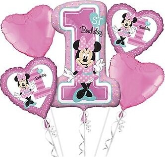 Balóniková súprava – myška Minnie Mouse – 1. narodeniny – 5 ks fóliových balónikov