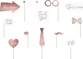 Partydeco Foto doplnky – fotokútik, ružovozlatý, svadba – mix 12 ks