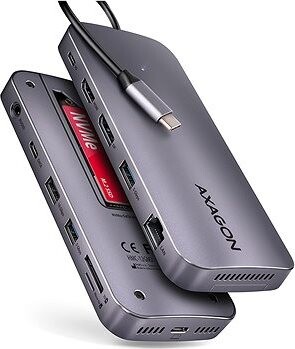 AXAGON HMC-12GM2 Combo Hub, USB-C 10 Gps, 3× USB-C, HDMI, DP, RJ-45, SD/mSD, M.2 slot, audio