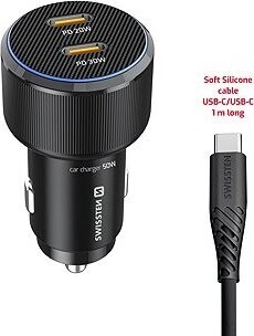 Swissten CL Adaptér 2× USB-C PD 50W čierny + kábel USB-C/USB-C 1 m