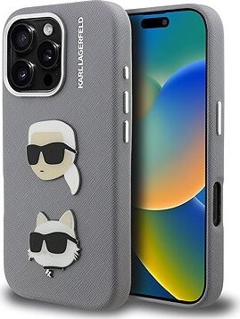 Karl Lagerfeld Grained PU K&CH Heads Zadný Kryt pre iPhone 16 Pre Max Grey