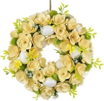 DOMMIO Jarný veniec z drevených kvietkov s vajíčkami biely priemer 30 cm