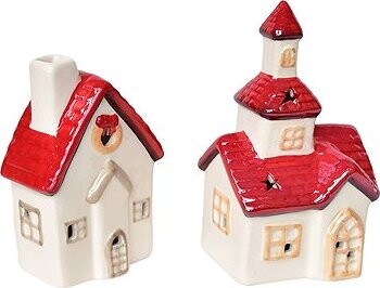 DOMMIO Kostel 16 cm a domeček 13 cm keramický s LED osvětlením, set 2 ks