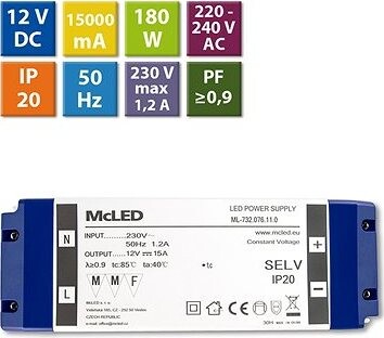 McLED Napájací zdroj 180 W, DC 12 V/15 A, IP20, plastové vyhotovenie so svorkovnicou