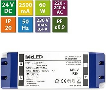McLED Napájací zdroj 60W, DC24V/2,5A, IP20, plastové vyhotovenie so svorkovnicou
