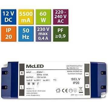 McLED Napájací zdroj 60 W, DC12 V/5 A, IP20, plastové vyhotovenie so svorkovnicou
