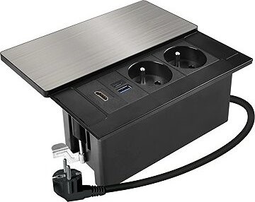 Solight vstavaný blok zásuviek s posuvným krytom, 2 zásuvky, HDMI, USB A + C 20W PD, 2 m, strieborný