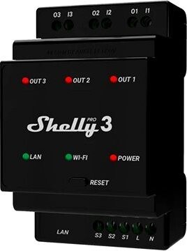 Shelly Pro 3, spínací modul 3× 16 A na DIN lištu, WiFi, LAN