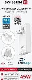 Swissten cestovný adaptér GaN USB-C + USB-A 45 W výmenné vidlice (US, EU, UK) biely