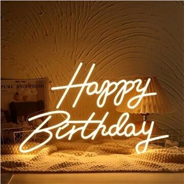 Funny Fashion LED neón svietiaca dekorácia Happy Birthday teplá biela