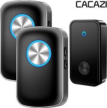 CACAZI FA28 Bezdrôtový bezbatériový zvonček – 2× prijímač + 1× tlačidlo – čierny