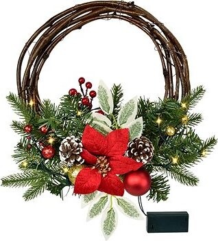 DOMMIO Veniec prútený s červenou poinsettiou 10× LED, 30 cm