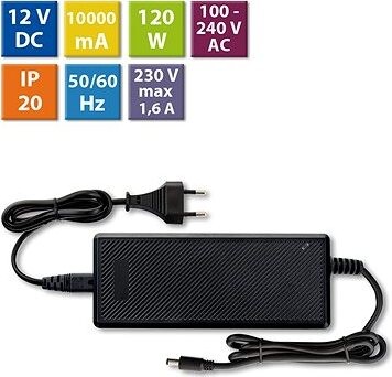 McLED Napájací adaptér 120 W, DC12 V/10 A, IP20, čierny plast, s vidlicou